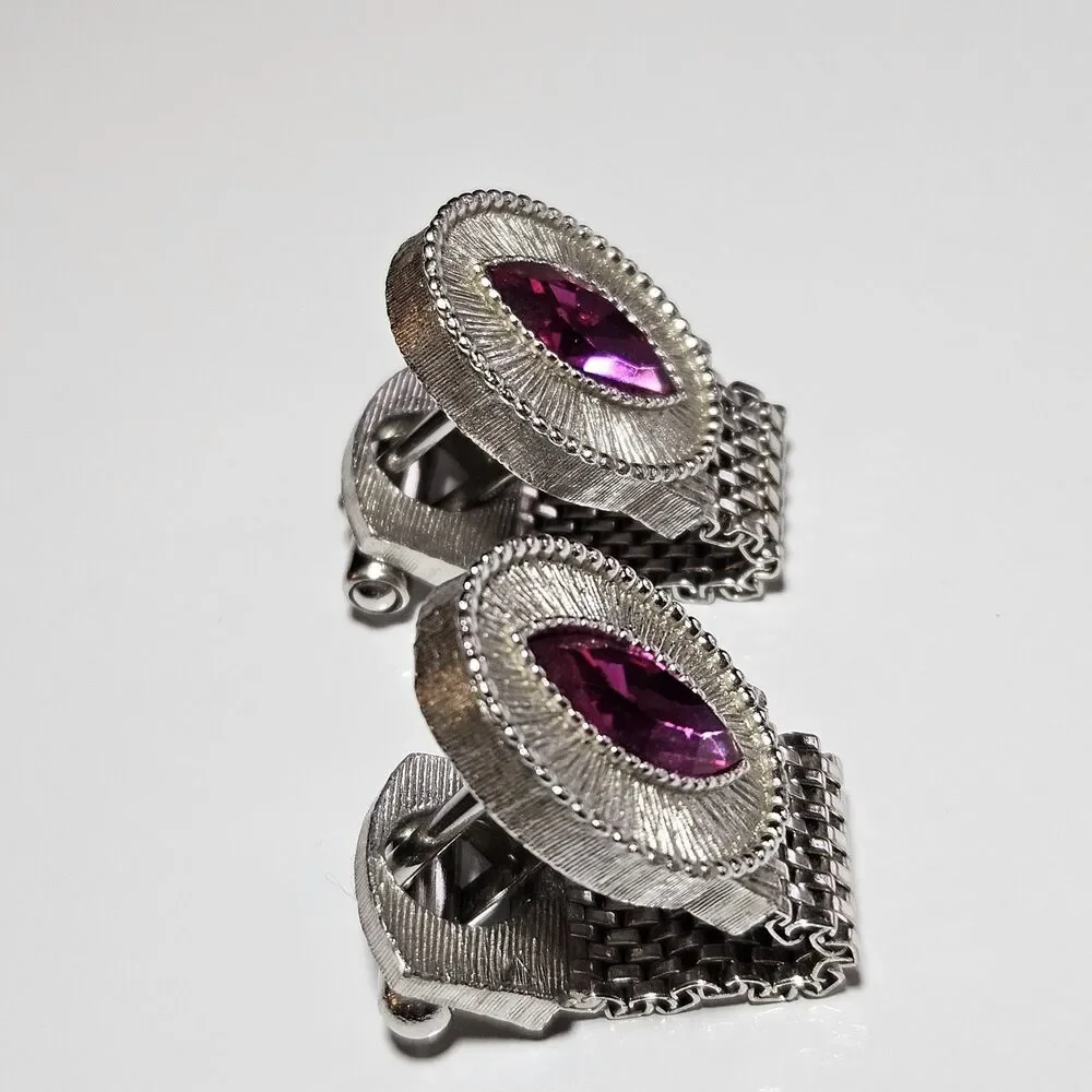 Vintage Swank Pink Marquise Rhinestone Silver Tone Mesh Wrap Around Cuff Links